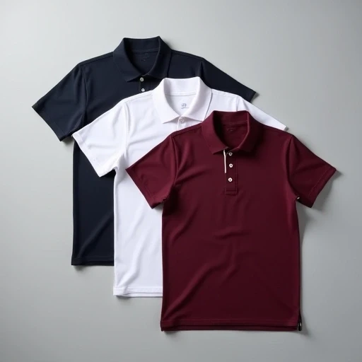 Flat lay of plain polo T-shirts in solid navy, white, and maroon colors with ribbed collars and two-button plackets - premium cotton pique fabric from Tiruppur India.