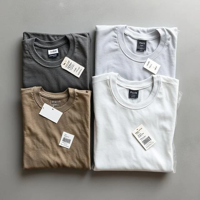 Flat lay of custom T-shirts in white, navy, and charcoal showing woven neck labels and printed brand tags - private-label cotton T-shirt manufacturer Tiruppur India.