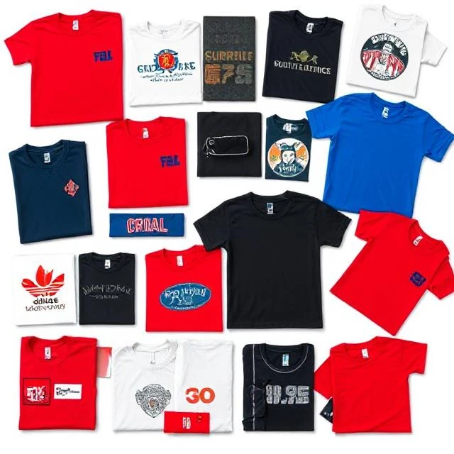 Flat lay of folded custom T-shirts with branded hangtags, barcode stickers, and clear polybag packaging - private-label apparel packaging manufacturer Tiruppur India.